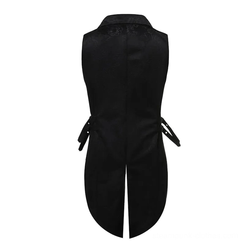 Black steampunk tailcoat vest rear view showing split tail hemline and adjustable side buckle straps