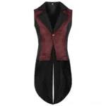Black and wine red jacquard steampunk tailcoat vest front view, notched lapel with embroidered trim and ornate metal button, single-breasted closure, floral jacquard body with black contrast panels, split tail hem, studio white backdrop
