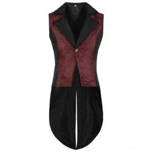 Black and wine red jacquard steampunk tailcoat vest front view, notched lapel with embroidered trim and ornate metal button, single-breasted closure, floral jacquard body with black contrast panels, split tail hem, studio white backdrop