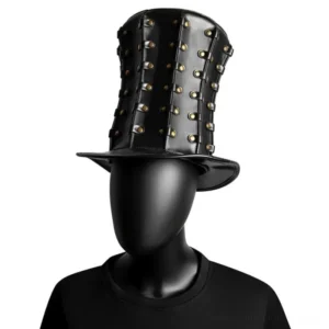 Steampunk top hat three-quarter front angle showing brass rivet fastener details and classic hat proportions
