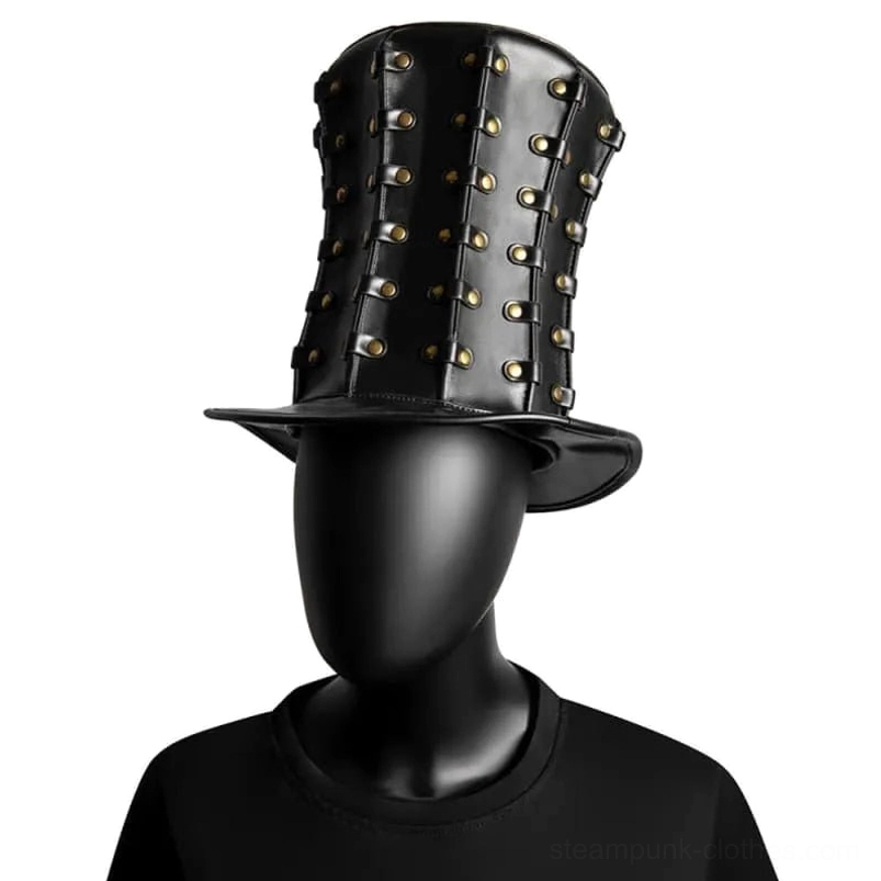 Steampunk top hat three-quarter front angle showing brass rivet fastener details and classic hat proportions