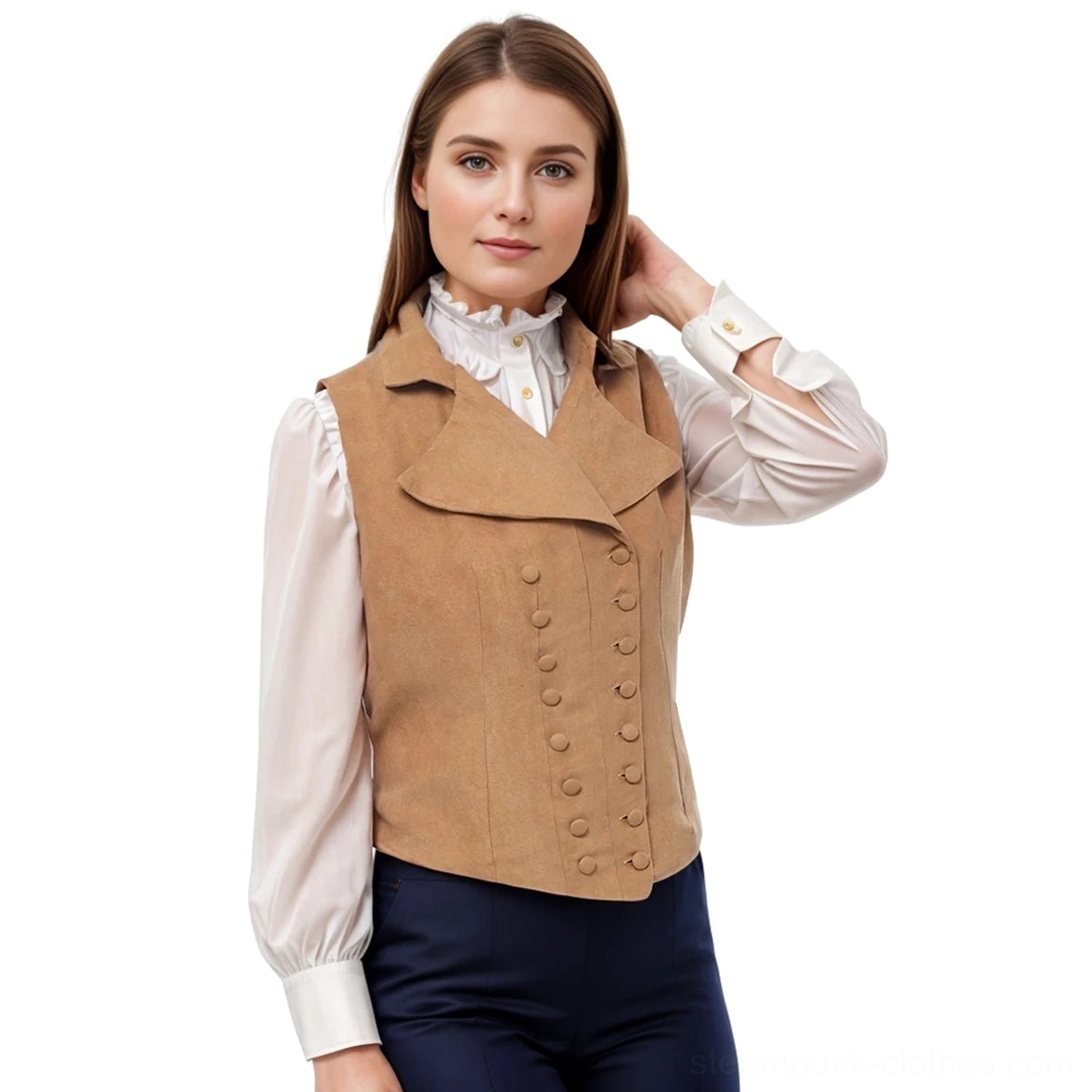 Light tan suede-texture steampunk womens double-breasted waistcoat vest with notched lapel and button closure, studio front view