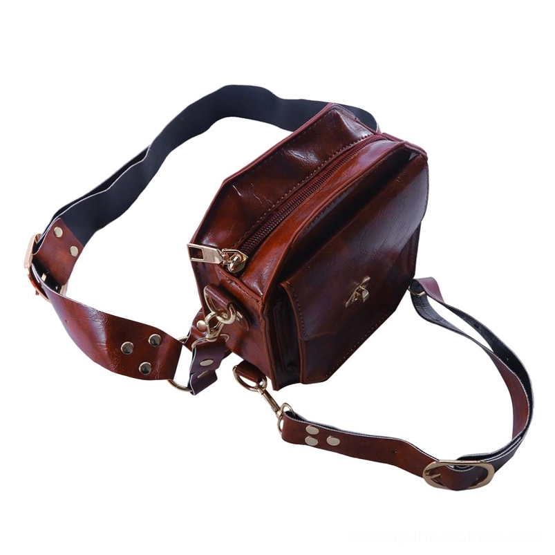 Steampunk leather thigh bag overhead angled view displaying internal zippered pocket compartment, detachable strap option, and comprehensive storage layout for valuables