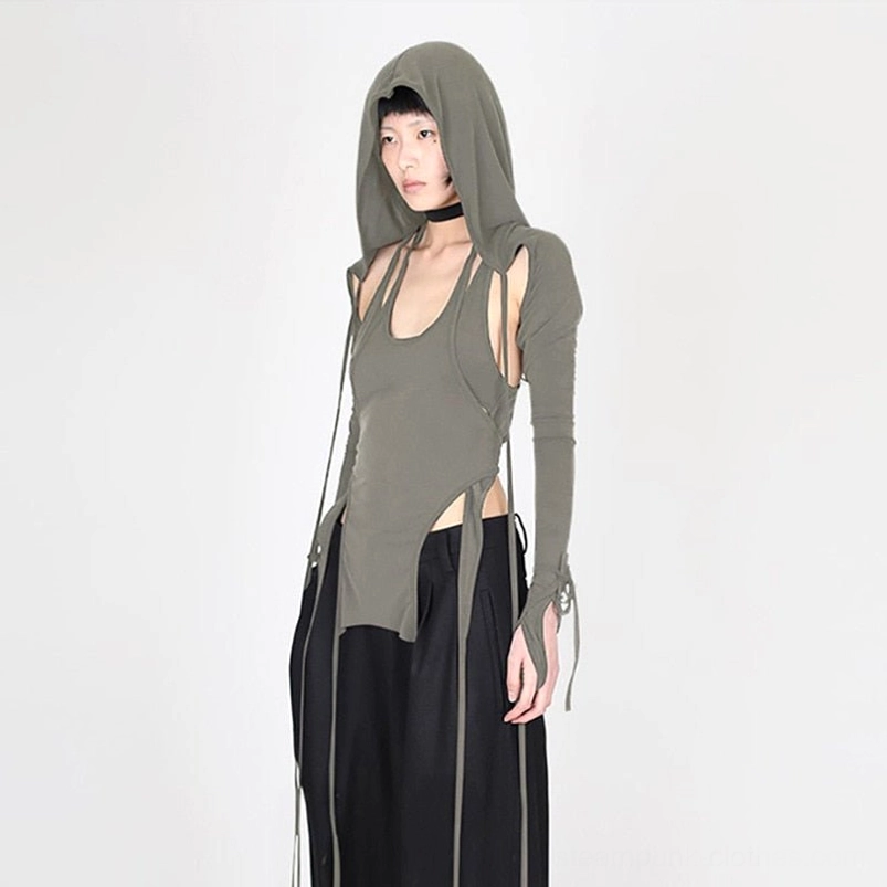 Steampunk three-piece cutout knit top set - hooded base component in olive grey with side cutouts and integrated drawstring hood, modeled on East Asian female in full-body front view against white studio background