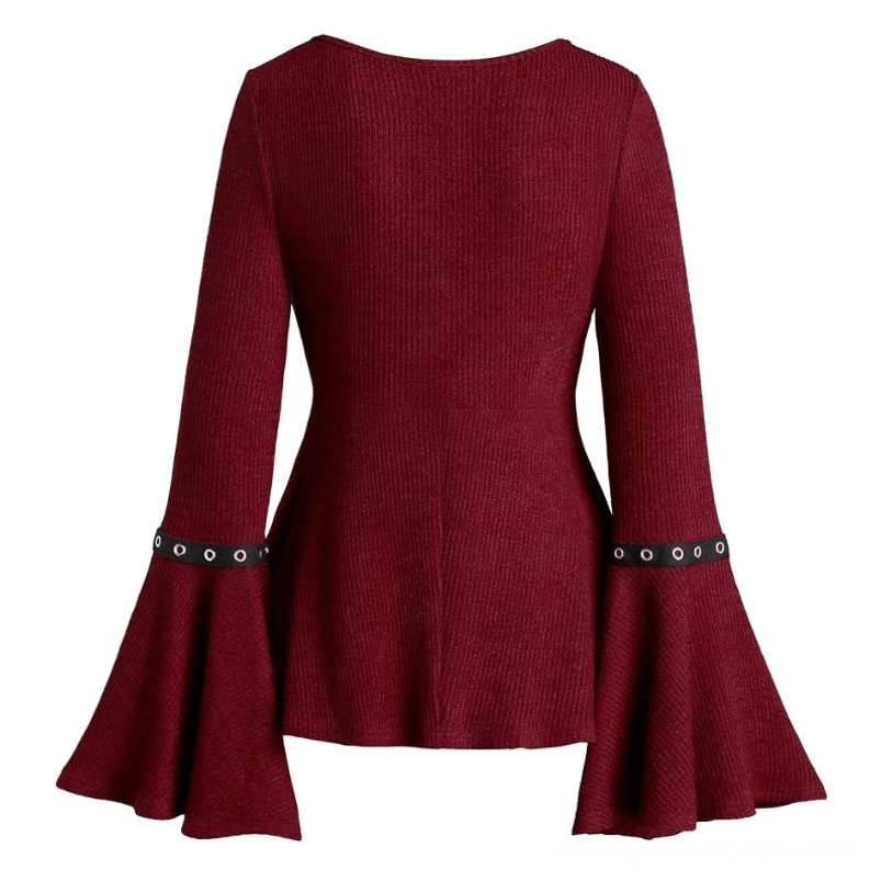 Burgundy steampunk top back panel view, displaying solid ribbed knit back and grommet-decorated bell cuffs on white background