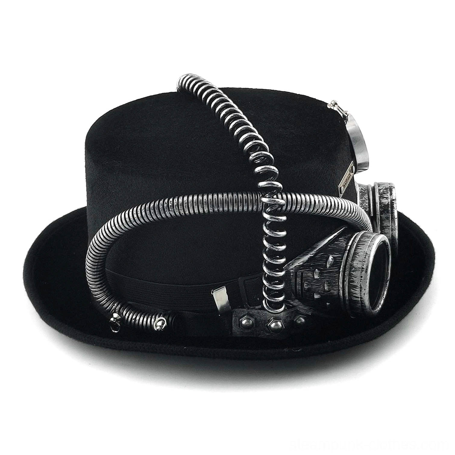 Steampunk hat back angle view with silver spiral tubes and goggles showing construction and embellishment placement
