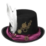 Black steampunk top hat with brass gears, wine-red velvet band, and white feather accents on white background - front oblique view