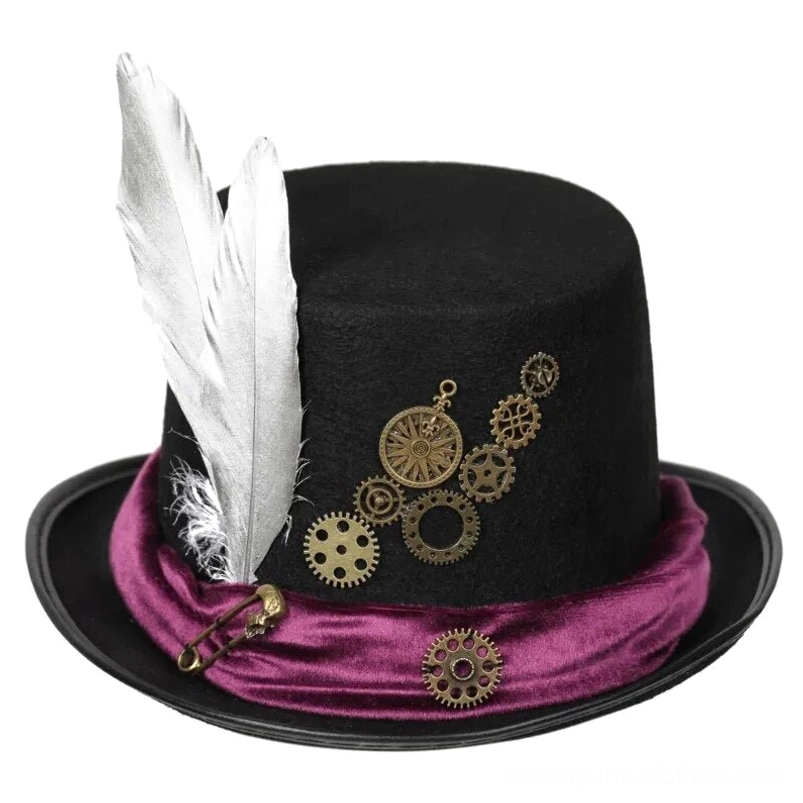 Black steampunk top hat with brass gears, wine-red velvet band, and white feather accents on white background - front oblique view