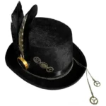 Black steampunk top hat with feather ornament, gear decals, and chain tassel pendant - left three-quarter view on white background
