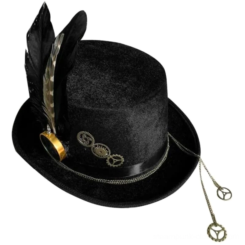 Black steampunk top hat with feather ornament, gear decals, and chain tassel pendant - left three-quarter view on white background