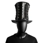 Steampunk tall top hat front view with vertical rivet strap design on black PU leather mannequin display