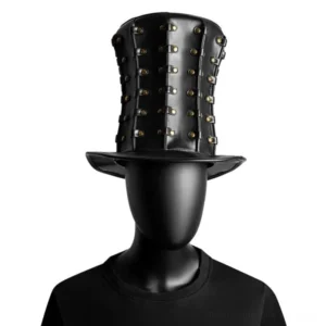 Steampunk tall top hat front view with vertical rivet strap design on black PU leather mannequin display