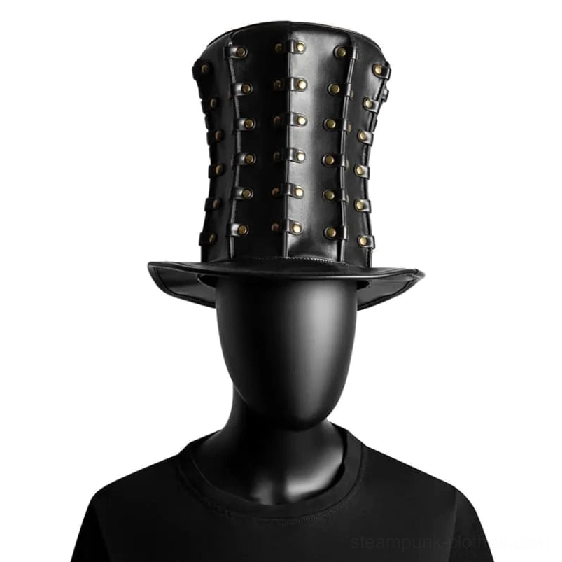 Steampunk tall top hat front view with vertical rivet strap design on black PU leather mannequin display