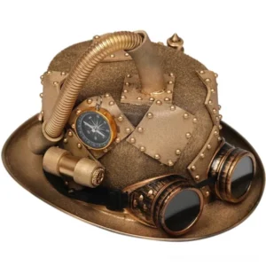 Steampunk brass top hat with detachable goggles, compass accent and riveted details, front three-quarter angle view