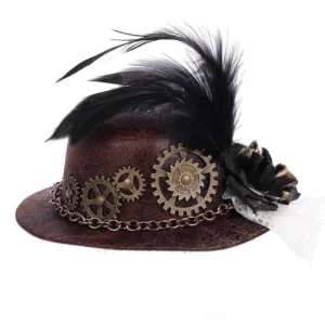 Steampunk formal top hat front view featuring bronze metal gears, delicate chain trim, dramatic black feather plume, and fabric flower accent
