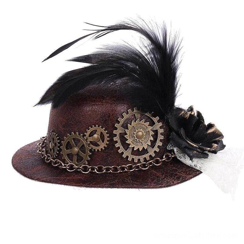 Steampunk formal top hat front view featuring bronze metal gears, delicate chain trim, dramatic black feather plume, and fabric flower accent