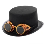 Steampunk top hat with removable bronze goggles - flat lay product shot showcasing Victorian felt construction and industrial goggle design