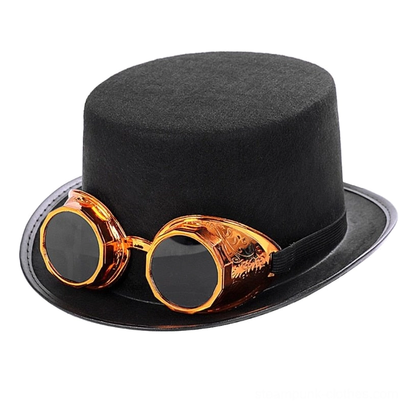 Steampunk top hat with removable bronze goggles - flat lay product shot showcasing Victorian felt construction and industrial goggle design