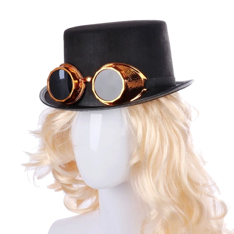Steampunk top hat with bronze goggles worn on mannequin - frontal headshot showing how hat looks when styled on head