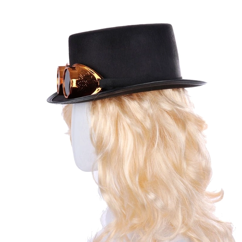 Steampunk top hat side profile with bronze goggles - shows hat silhouette and goggle positioning from side angle