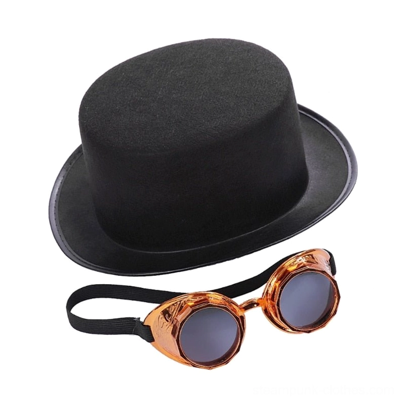 Black felt steampunk hat with bronze elastic goggles - detailed frontal view highlighting strap attachment and lens details