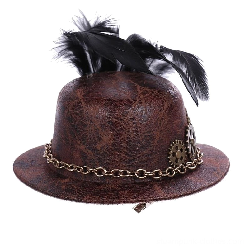 Steampunk mini top hat right side angle showing brown cracked leather, metal chain detail, side-mounted gear accent, and clustered black feathers