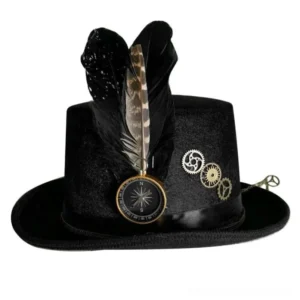 Steampunk gothic top hat front view featuring compass pendant, gear accents, and satin hat band on white background
