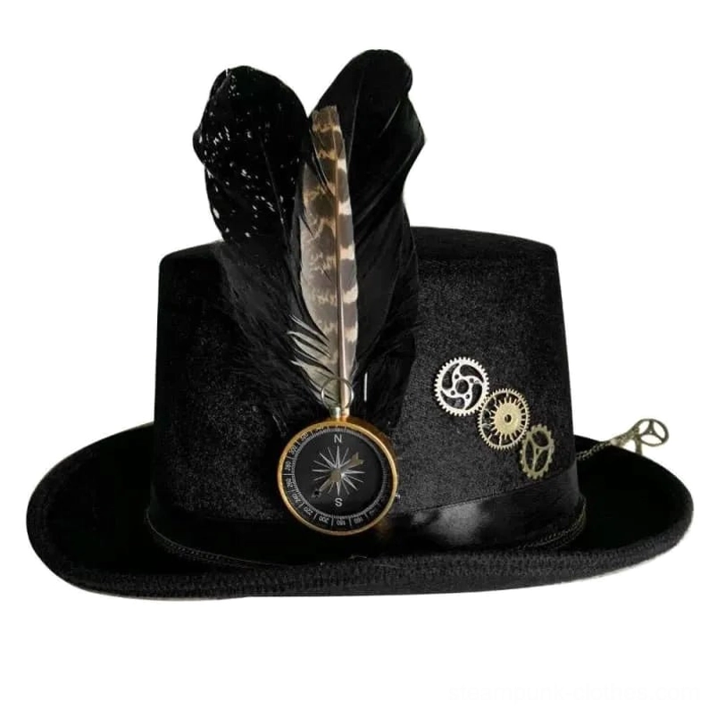 Steampunk gothic top hat front view featuring compass pendant, gear accents, and satin hat band on white background