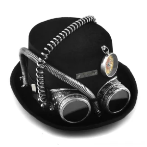 Steampunk top hat front view with silver spiral tubes, rivet details, goggles and compass embellishments on black felt