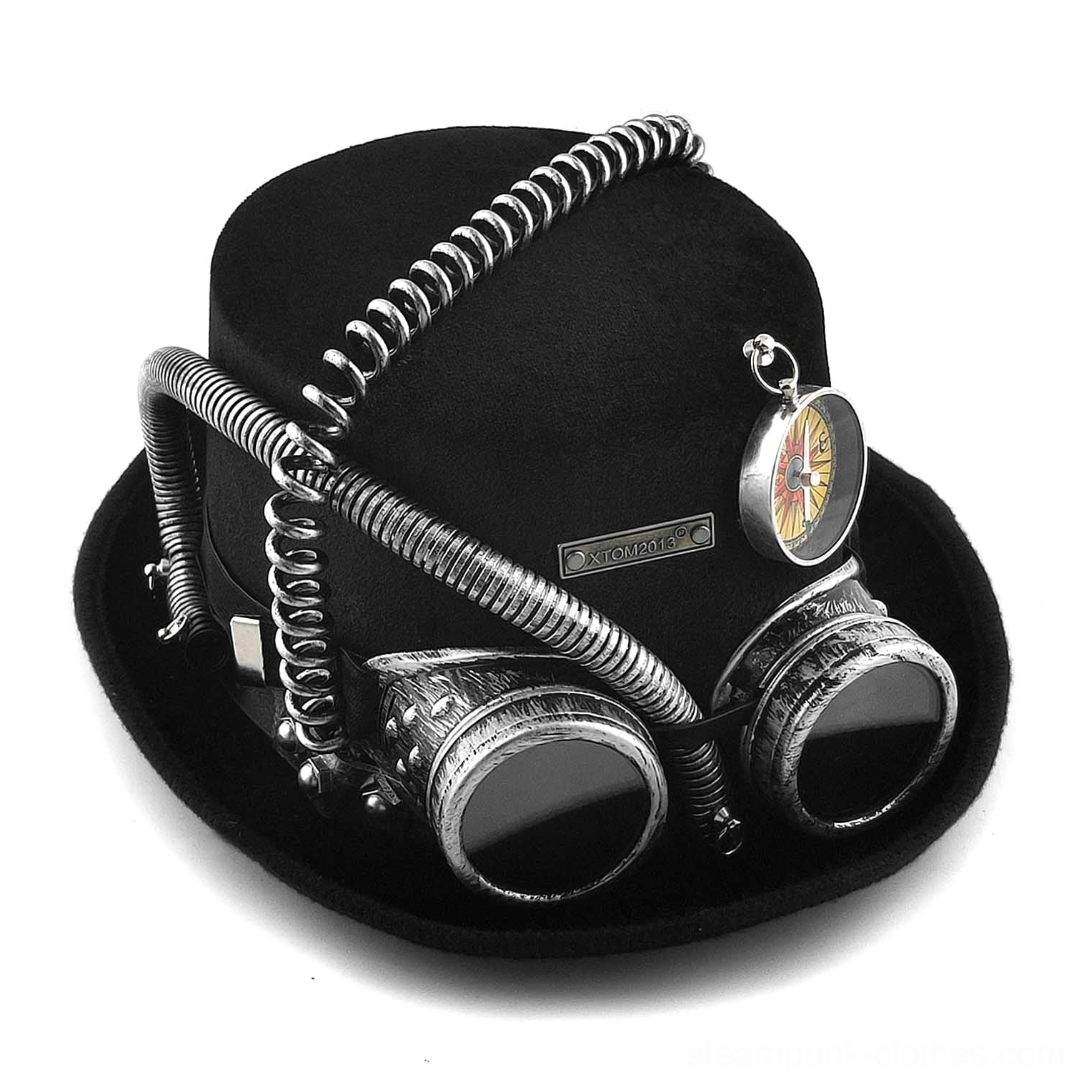 Steampunk top hat front view with silver spiral tubes, rivet details, goggles and compass embellishments on black felt