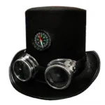 Steampunk aristocrat top hat black felt with silver aviator goggles and compass embellishment front three-quarter view