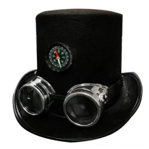 Steampunk aristocrat top hat black felt with silver aviator goggles and compass embellishment front three-quarter view
