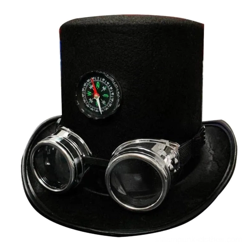 Steampunk aristocrat top hat black felt with silver aviator goggles and compass embellishment front three-quarter view