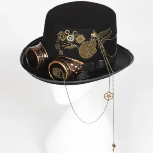 Steampunk top hat with brass goggles front view on mannequin head - black felt fabric with bronze gears and chain decorations