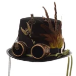 Steampunk top hat with integrated bronze goggles, pheasant feathers, winged skull key ornament, and green ribbon trim - left front three-quarter view