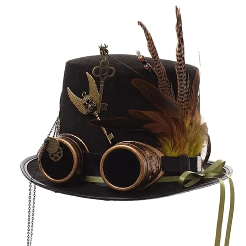 Steampunk top hat with integrated bronze goggles, pheasant feathers, winged skull key ornament, and green ribbon trim - left front three-quarter view