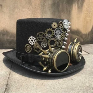 Steampunk top hat with integrated goggles side view, mixed bronze and silver gear details with adjustable leather strap
