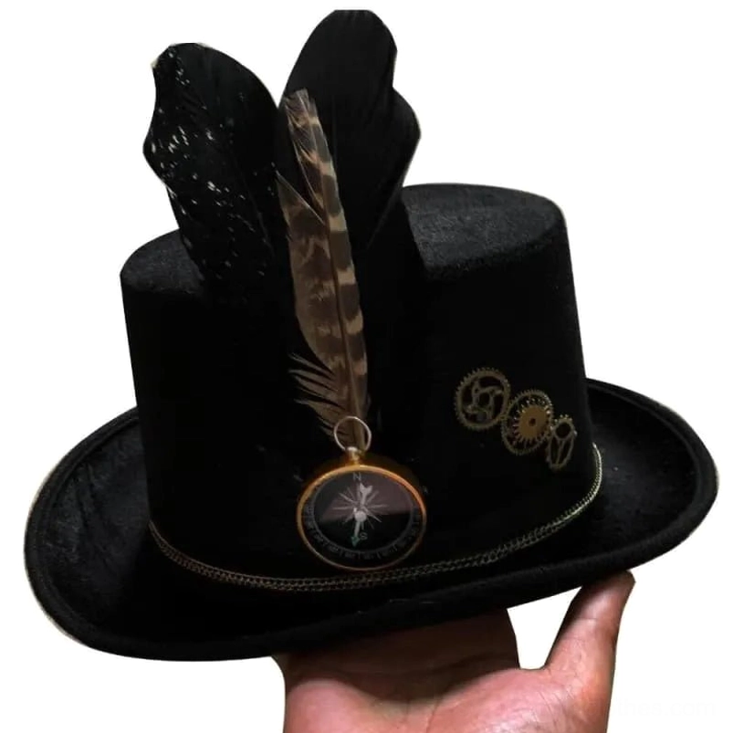 Black steampunk top hat held in hand showing right three-quarter perspective with feather and compass pendant details