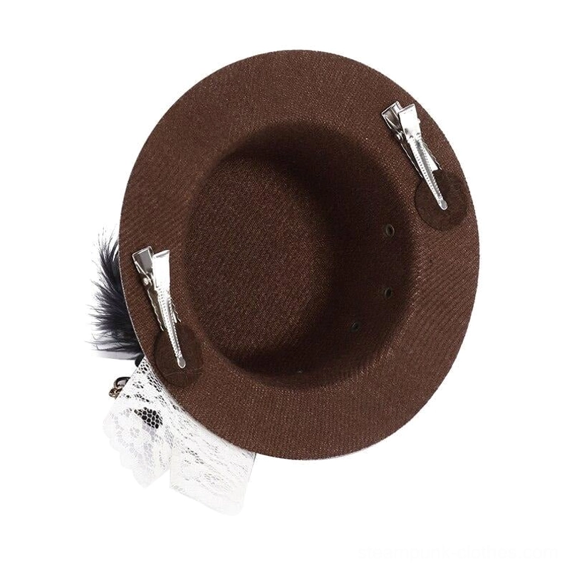 Steampunk top hat interior base construction with brown fabric, dual metal attachment clips, pre-installed lace and feather mounting points