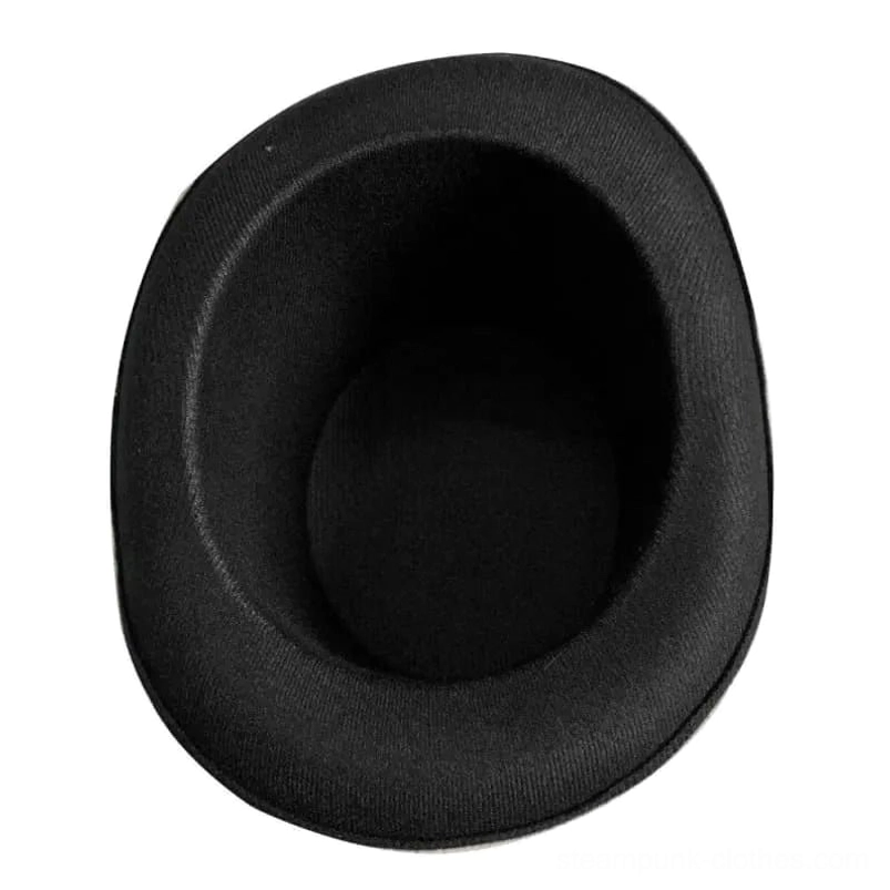 Steampunk top hat interior overhead view showing smooth black fabric lining and satin band construction