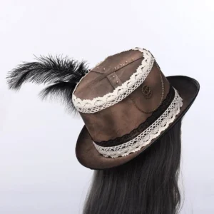 Steampunk hat side rear view showing white lace trim, single black feather, and aged brown fabric texture on mannequin with dark wig