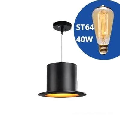 Top hat steampunk pendant lamp with ST64 40W Edison bulb, side product view with warm light emission