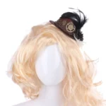 Steampunk mini top hat with brown cracked leather, bronze gears, chain trim, and black feather on blonde curly wig mannequin, left three-quarter view