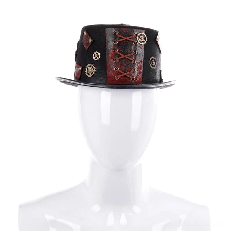 Steampunk preacher hat on mannequin front view highlighting central red lace-up panel and brass gear ornaments