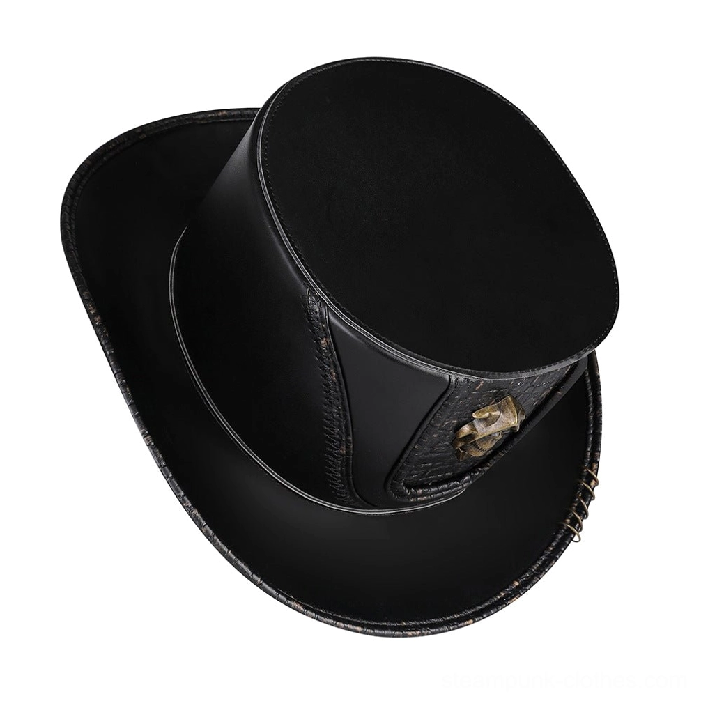 Overhead top-down view of steampunk leather top hat showing skull decoration and spring trim details