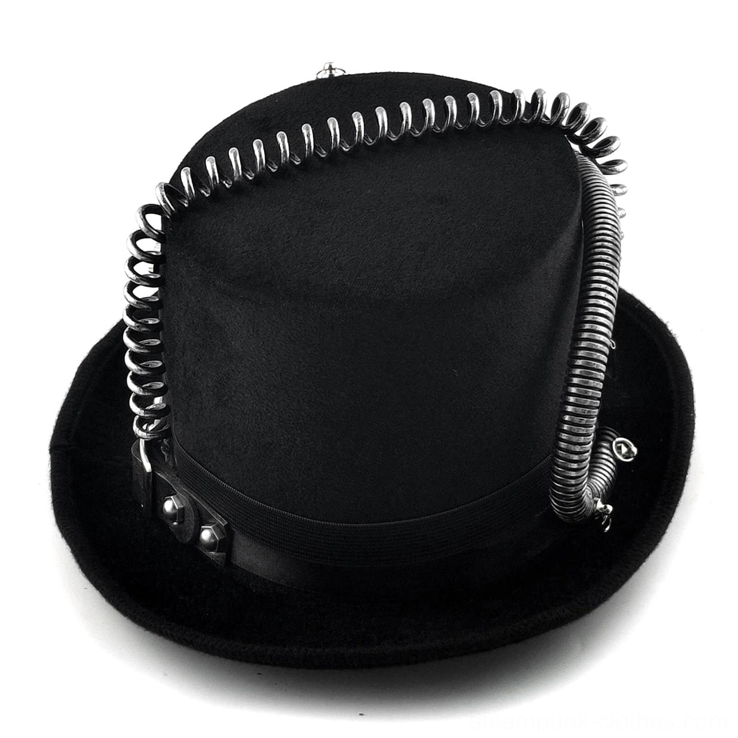 Steampunk top hat rear view close-up of black felt with silver spiral pipes and rivet trim details