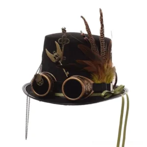 Black steampunk top hat featuring mechanical gear details, hanging metal chain, bronze goggles, feather decoration, and green ribbon strap - rear three-quarter view