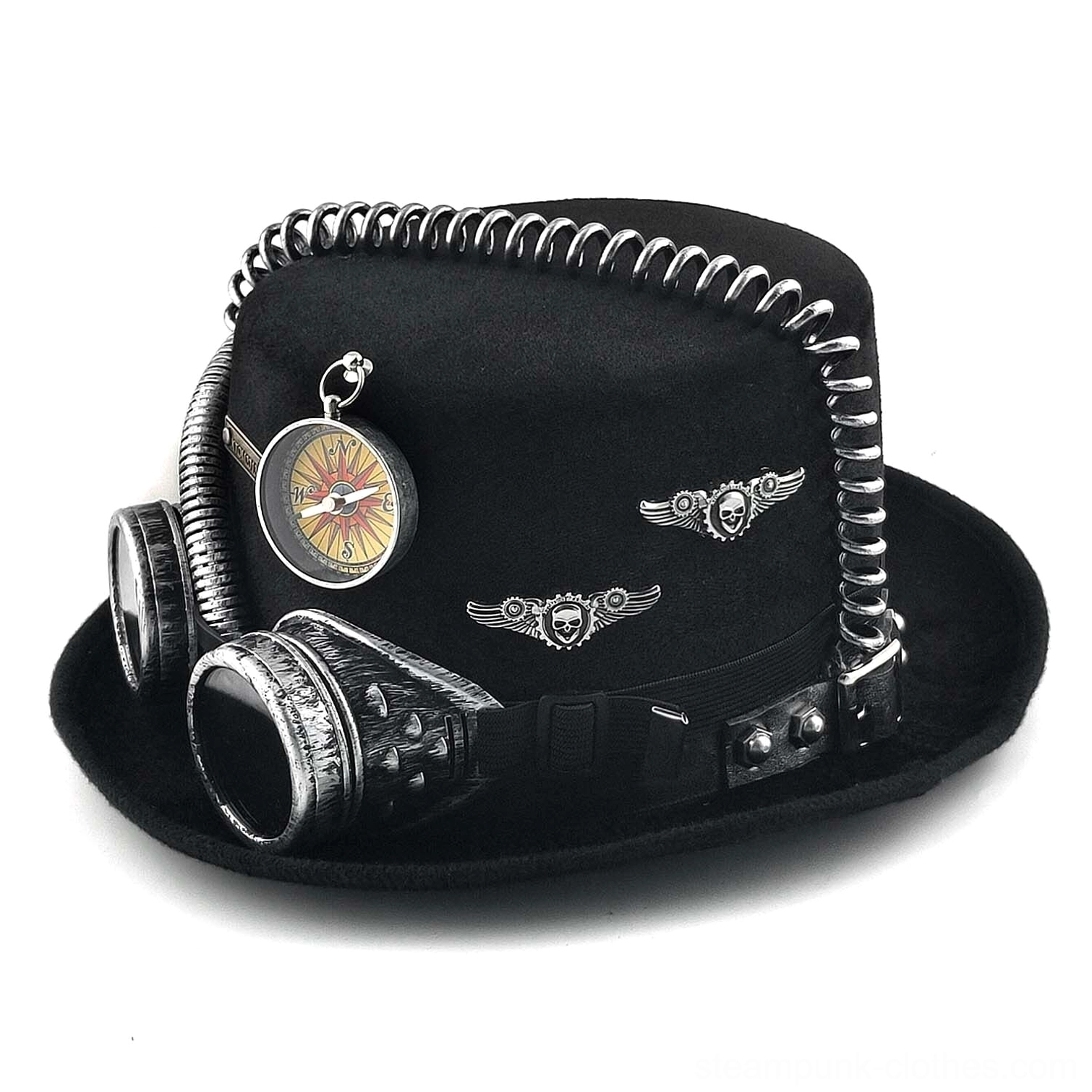 Steampunk top hat rear view featuring compass rose, skull badges, spiral tubes and goggles on black felt base