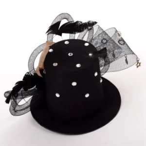 Steampunk fedora top-down view showcasing round rhinestone studs and mesh embellishments details
