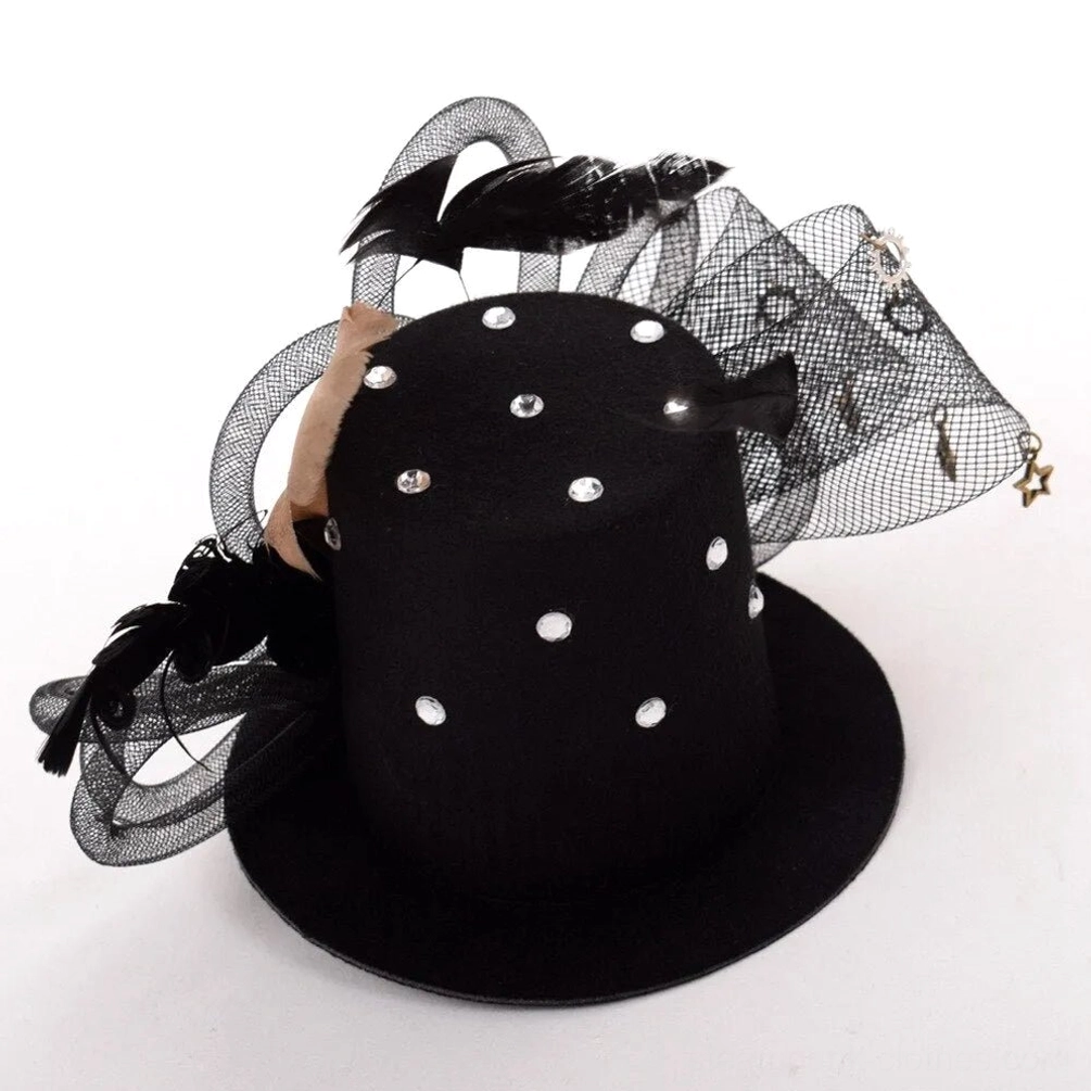Steampunk fedora top-down view showcasing round rhinestone studs and mesh embellishments details